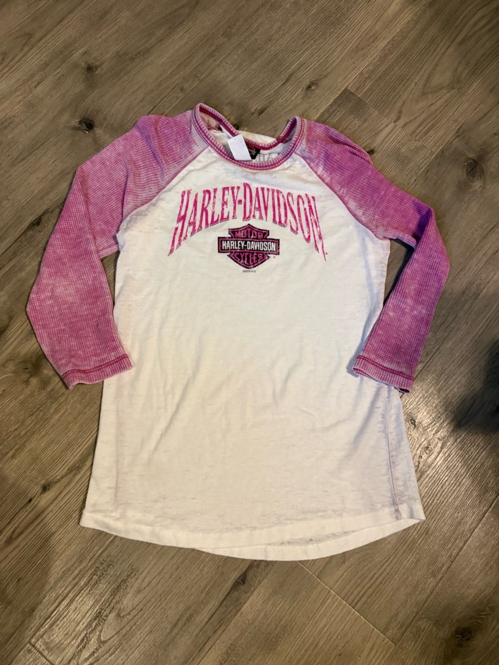 Harley-Davidson White Tee with Pink Raglan Sleeves and Logo
